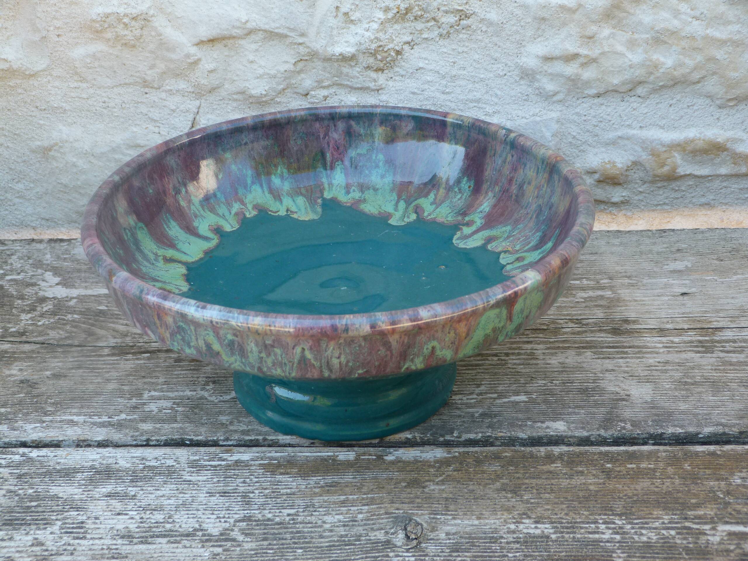Vintage fruit bowl cab ceramic from bordeaux in green terracotta.