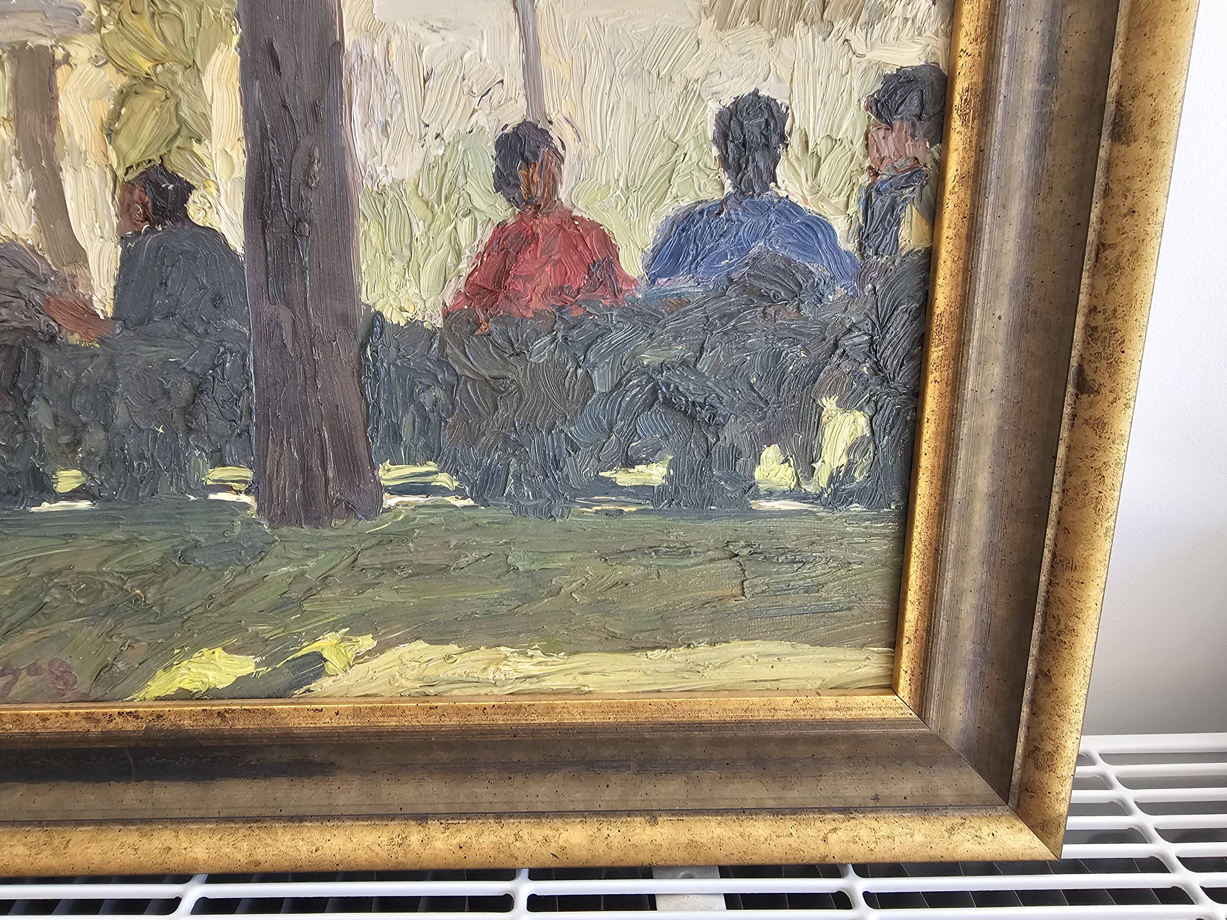 Tableau, huile sur toile "Personnages en terrasse, parc" Ssigné Omar Logang