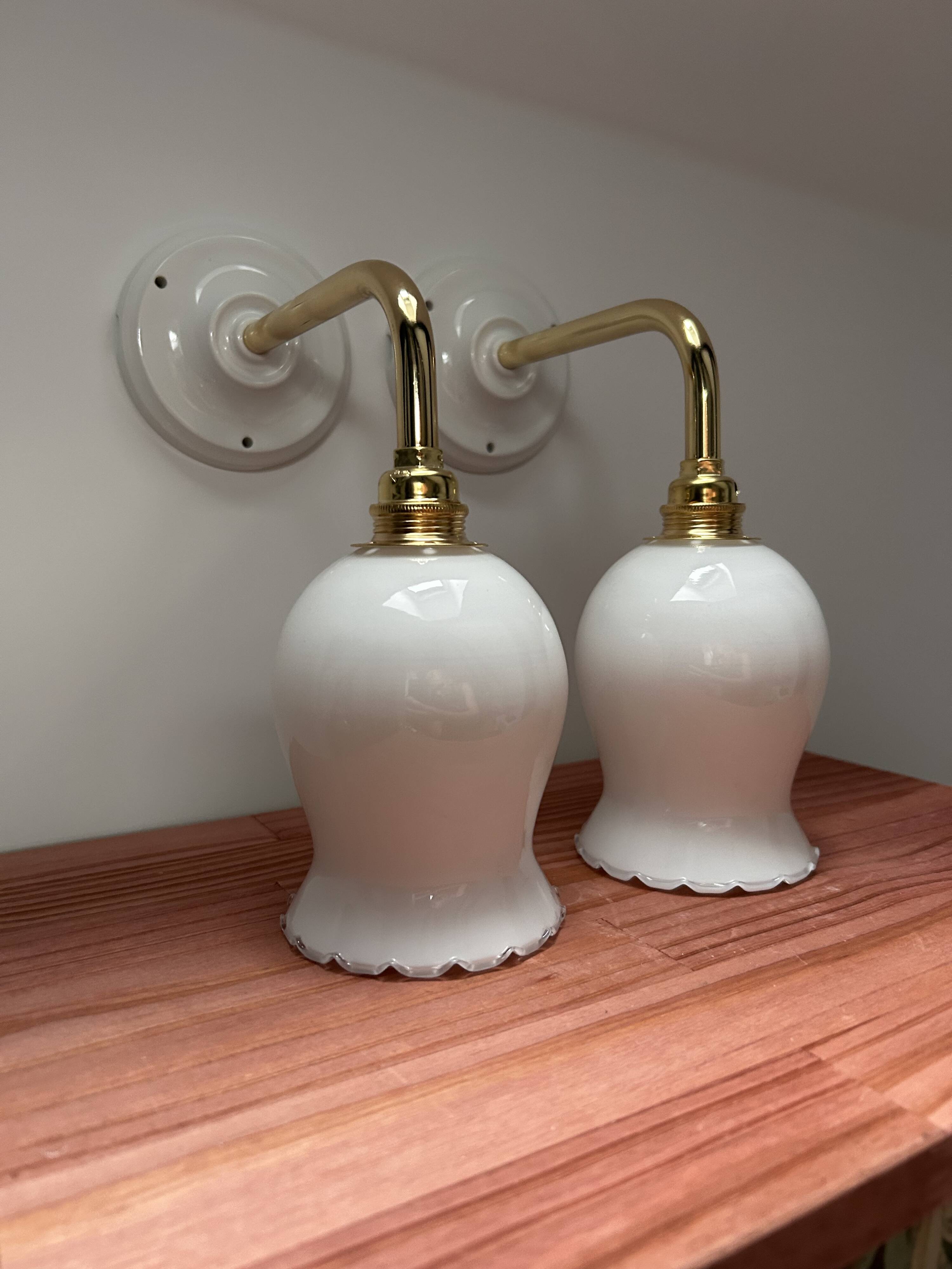 Pair of white opaline wall lights