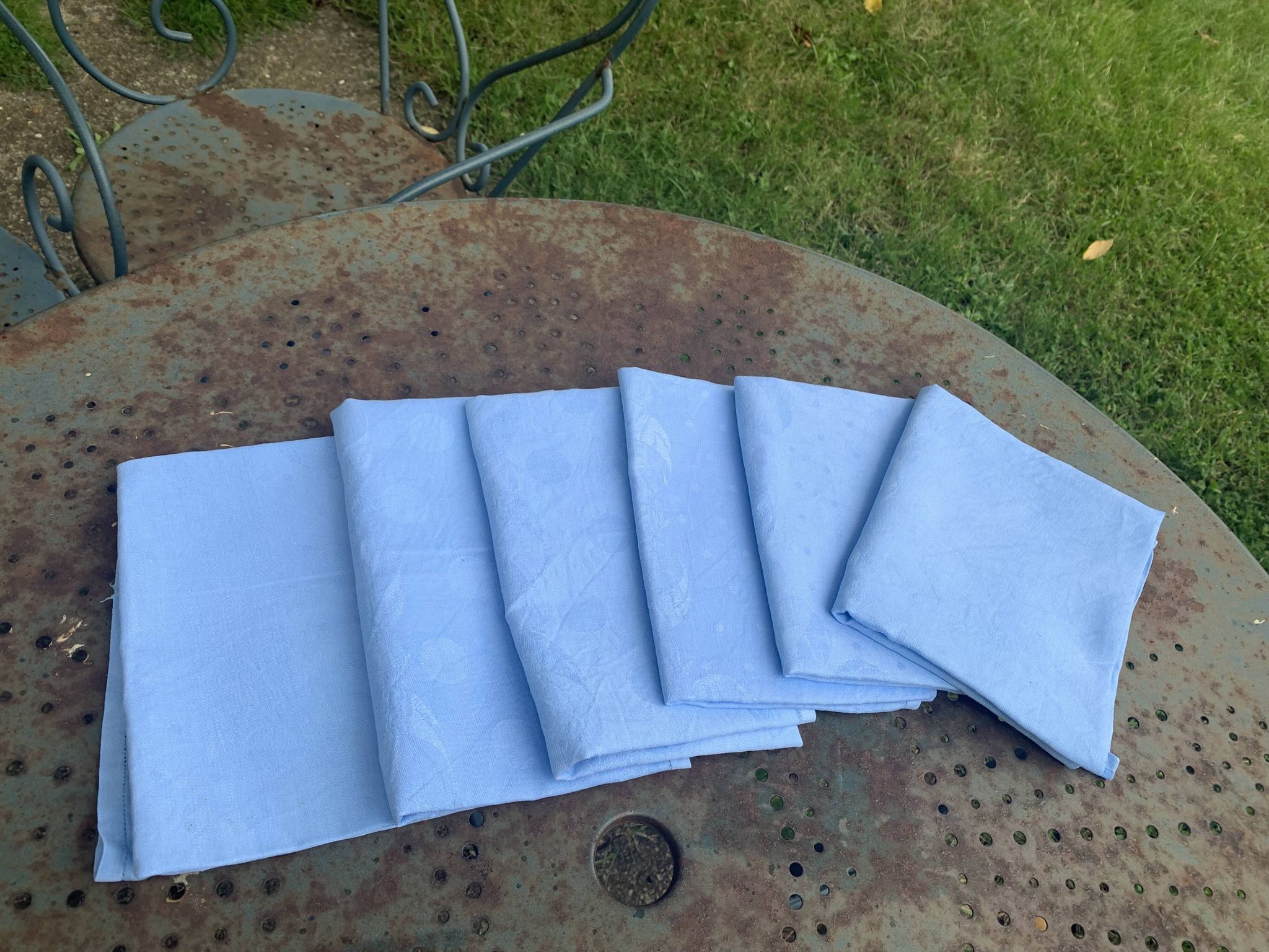 6 large vintage blue dyed damask cotton napkins