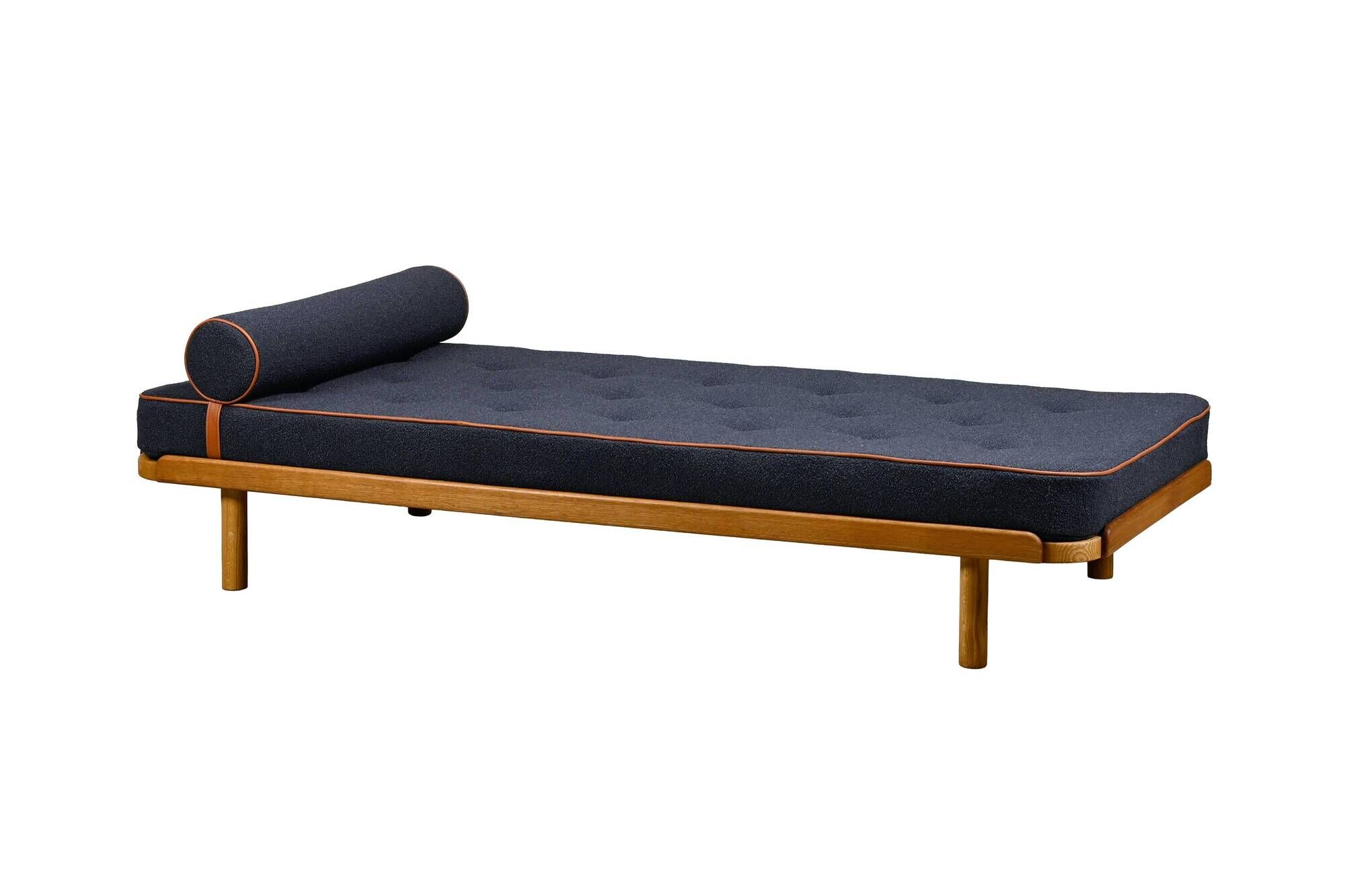 Scandinavian Daybed in Oak and dark Blue bouclé fabric with Leather accents
