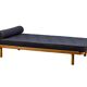 Scandinavian Daybed in Oak and dark Blue bouclé fabric with Leather accents