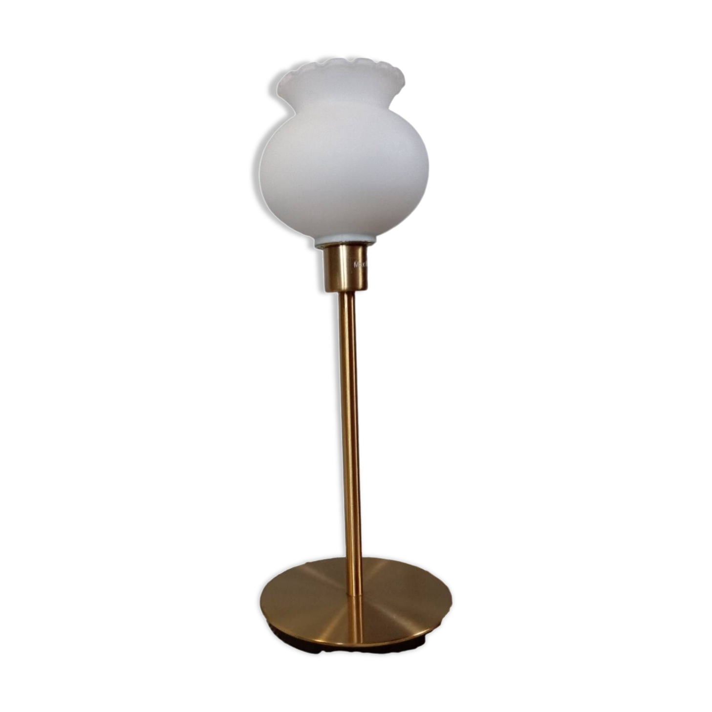 Living room lamp with gold metal base, matt white opaline globe, vintage