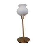 Living room lamp with gold metal base, matt white opaline globe, vintage