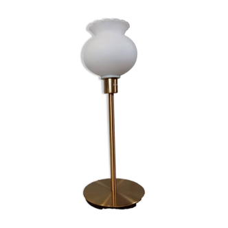 Living room lamp with gold metal base, matt white opaline globe, vintage