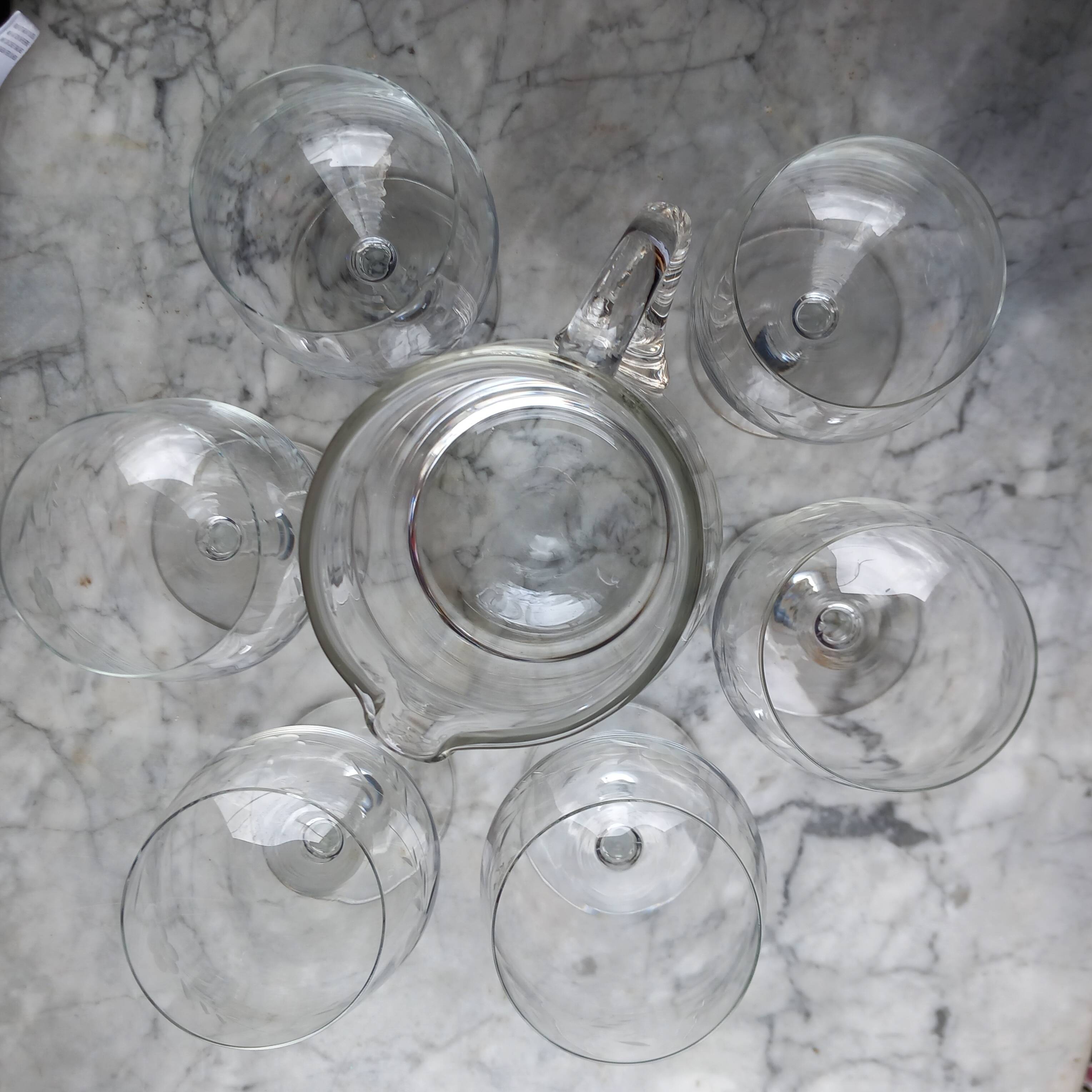 6 water glasses and engraved crystal pitcher from the 70s