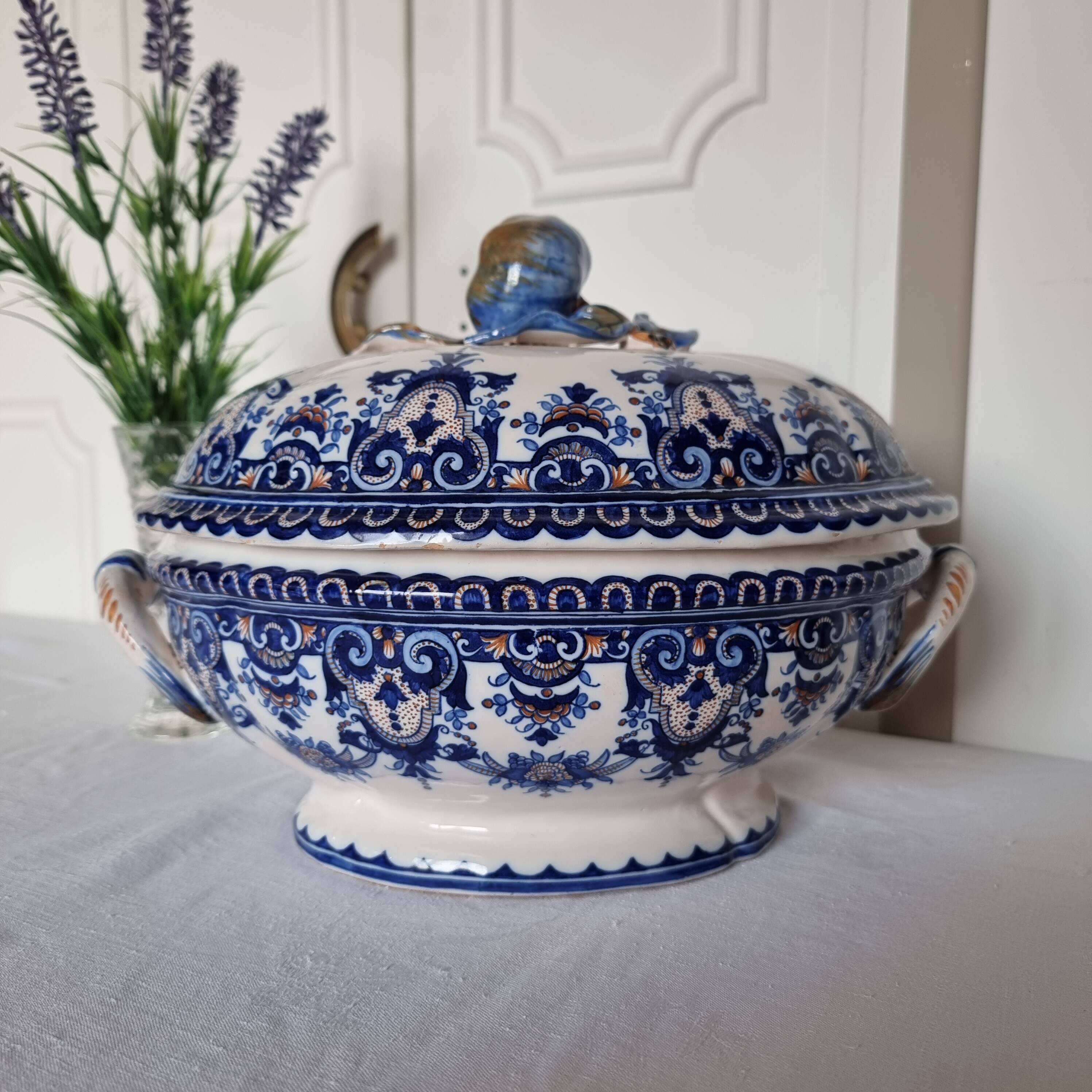 Antique earthenware tureen by Émile Tessier (1887-1971), Malicorne, France