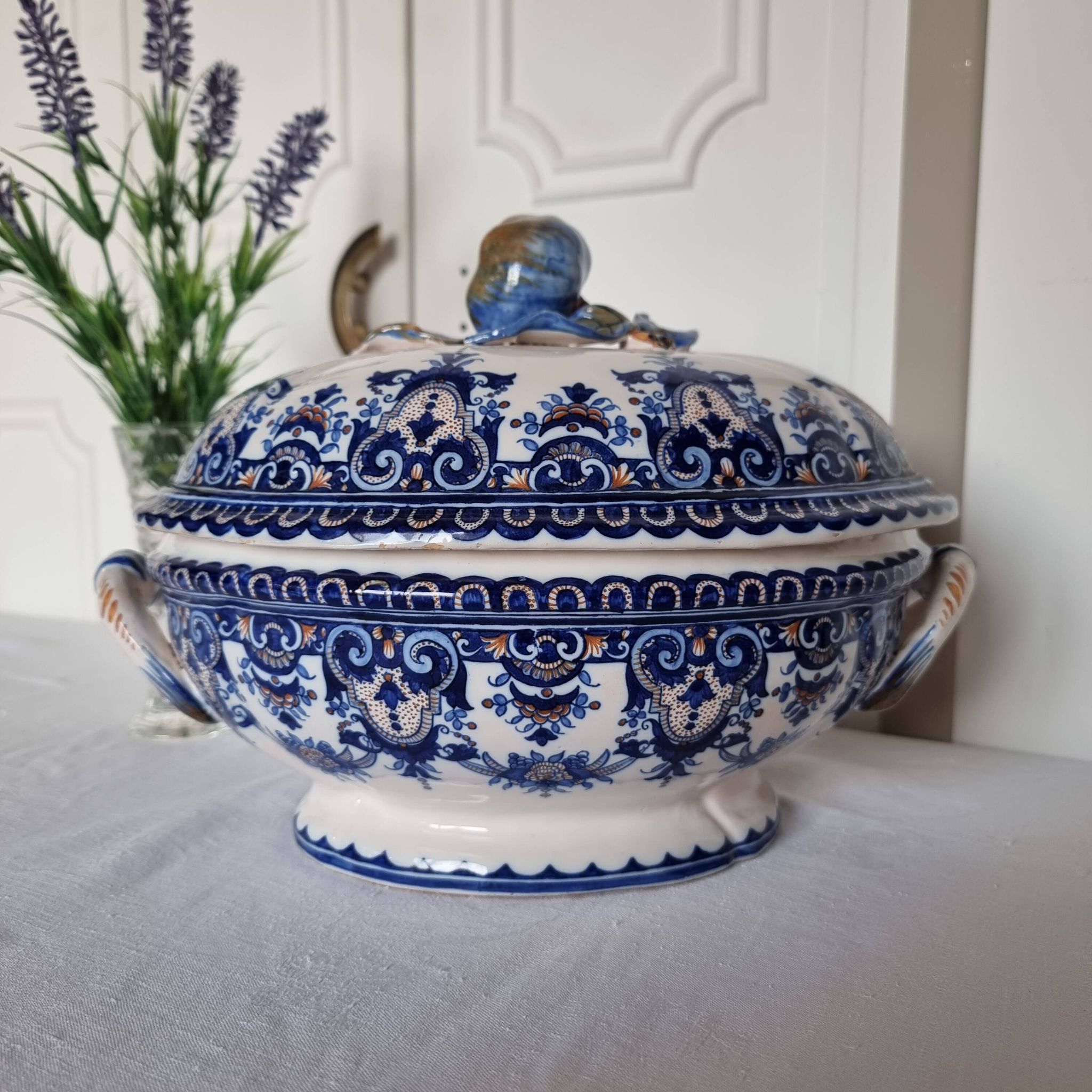 Antique earthenware tureen by Émile Tessier (1887-1971), Malicorne, France