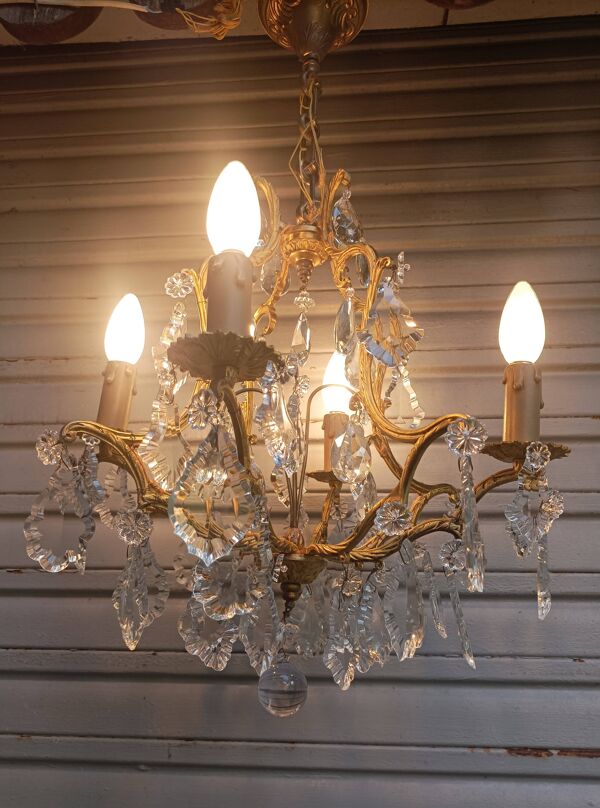 Rare ancien lustre cage en bronze doré et cristal 4 feux