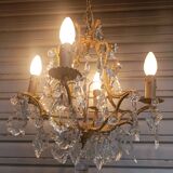 Rare old cage chandelier in gilded bronze and crystal 4 lights / WORKING CONDITION LEFT?