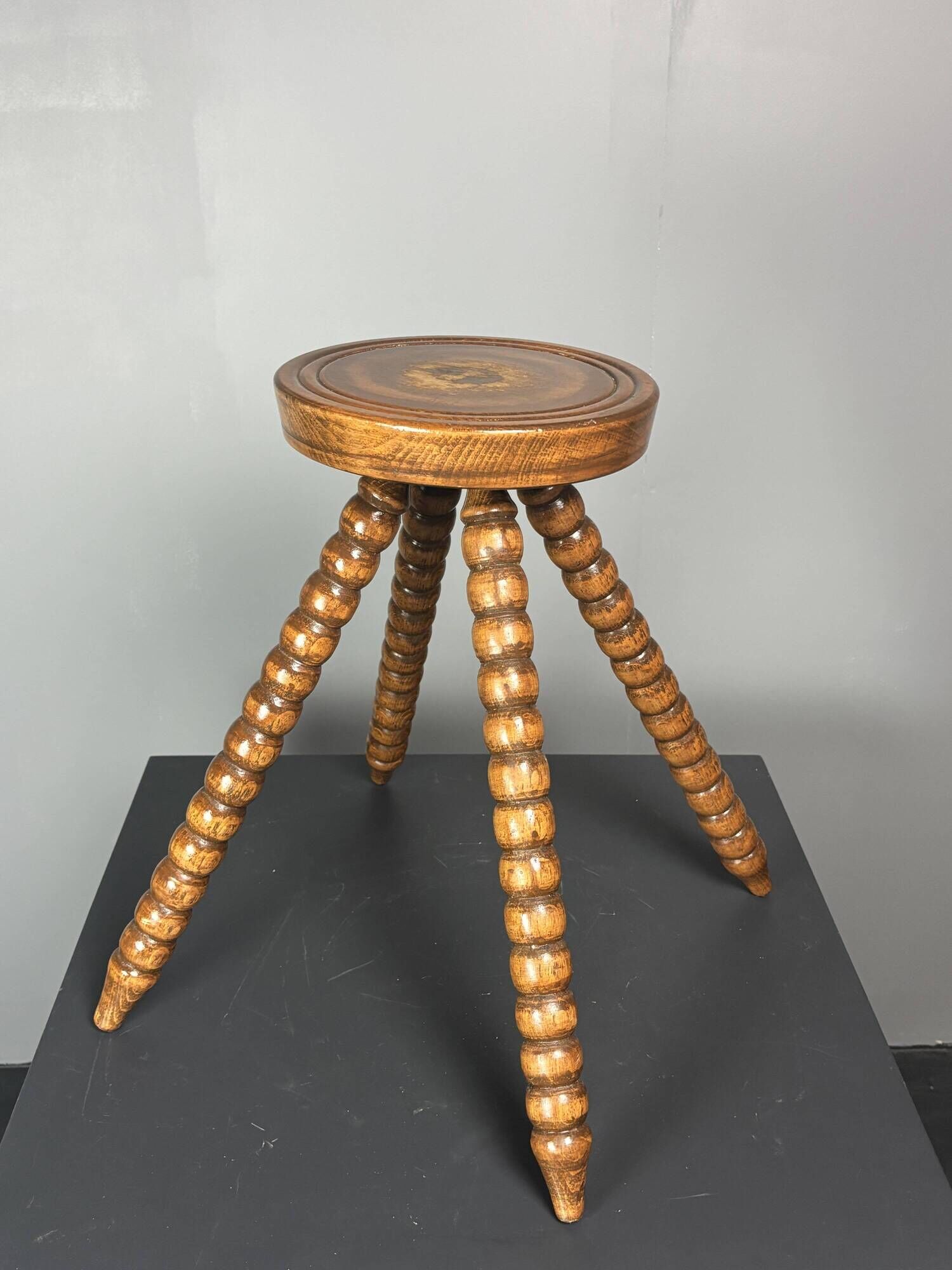 Midcentury bobbin wood turned farm house stool, France ca 1960s