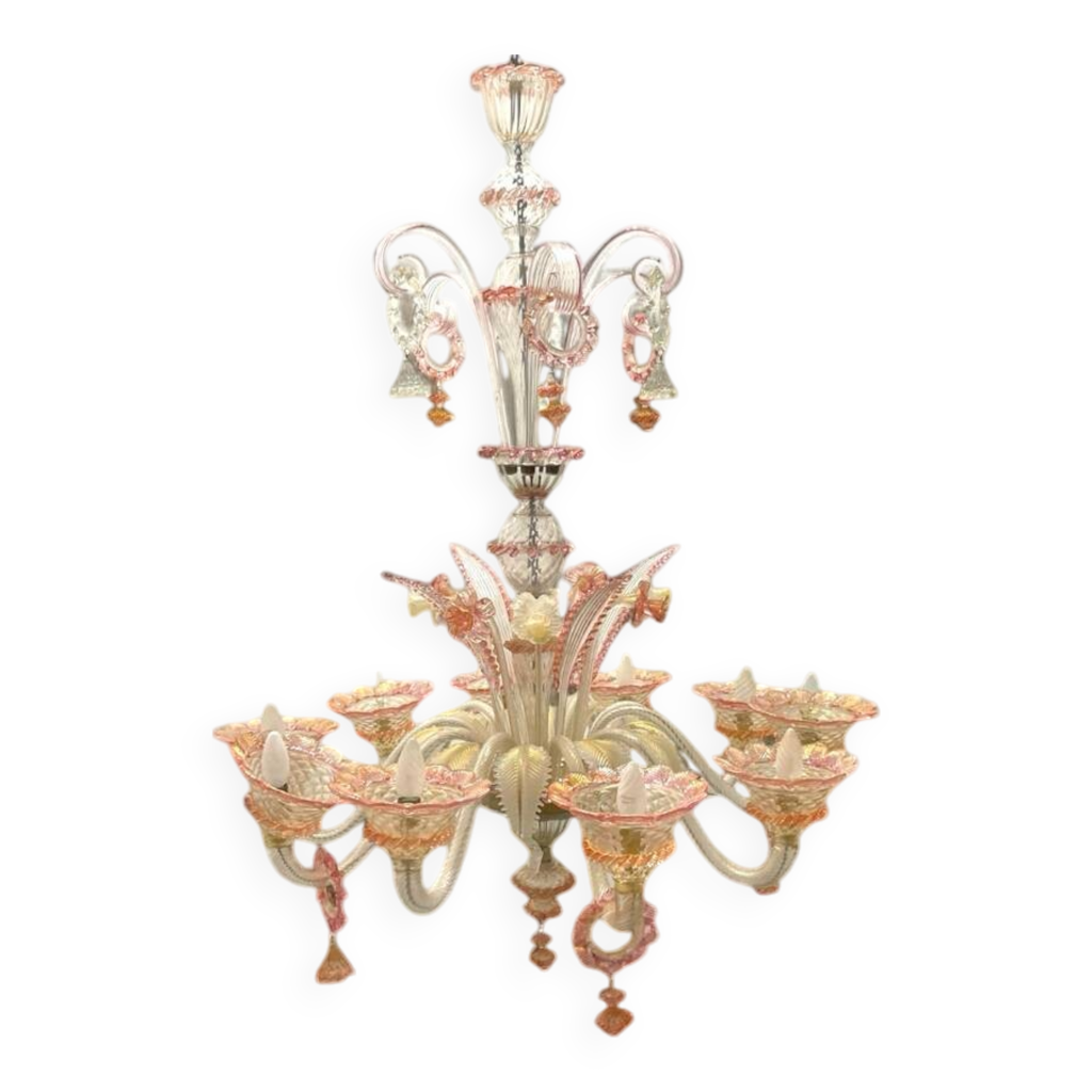 Grand lustre vénitien en verre de Murano rose des années 1960 | Selency