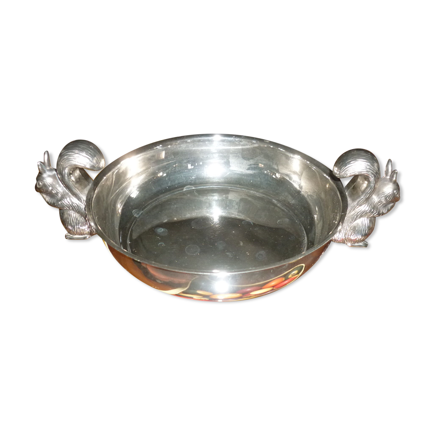 Silver metal dish with squirrels