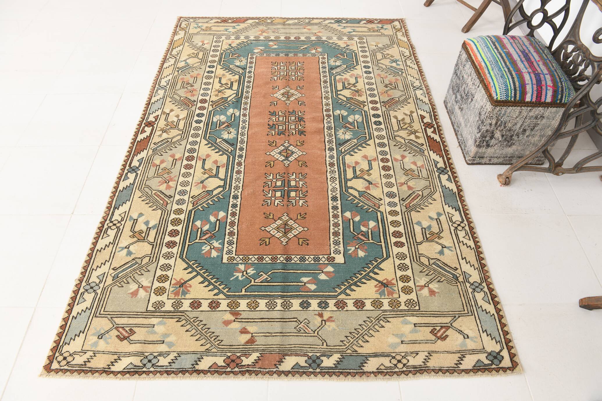 5x8 Shades Of Copper Green Vintage Oushak Rug, 146x227Cm SKU 24356