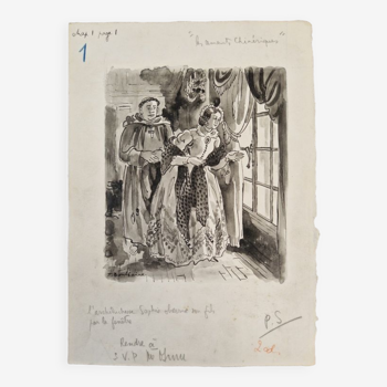 Encre sur papier de jacques boullaire (1893-1976) - encre et lavis d'encre sur papier - l'archiduchesse sophie observe
