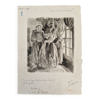 Encre sur papier de jacques boullaire (1893-1976) - encre et lavis d'encre sur papier - l'archiduchesse sophie observe
