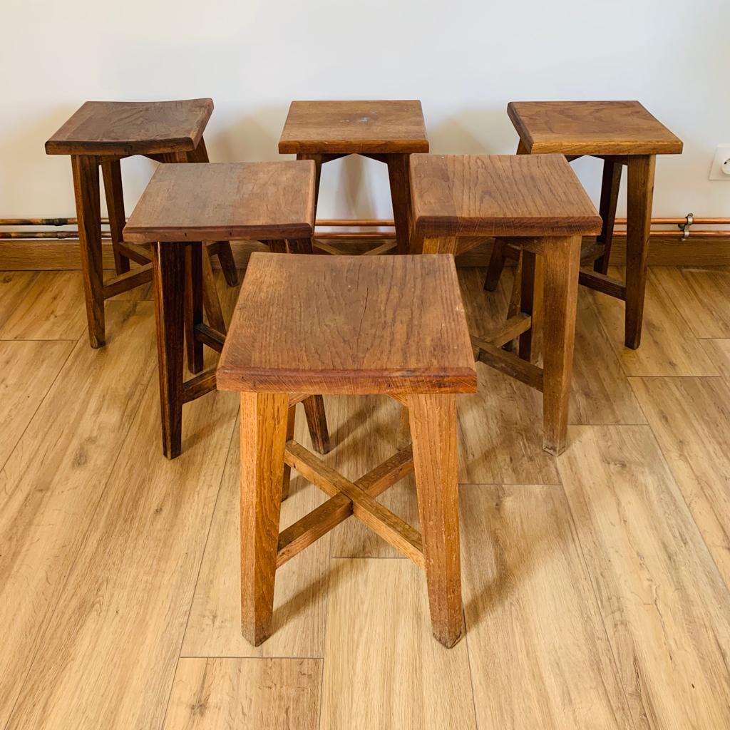 Set of 6 brutalist oak stools