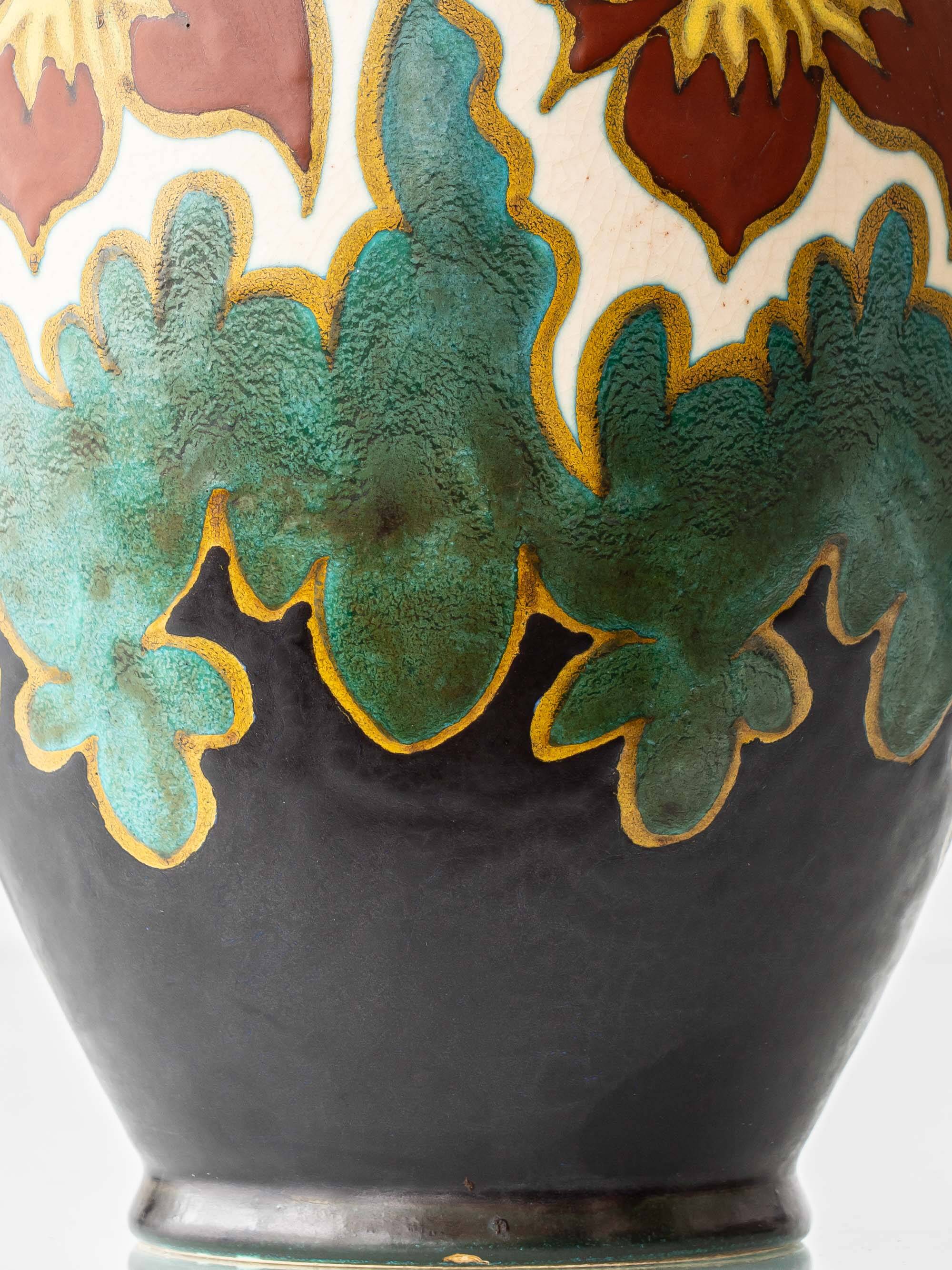 Gouda Pottery Table Lamps, Pair, Dutch Art Deco Floral, New Silk Shades