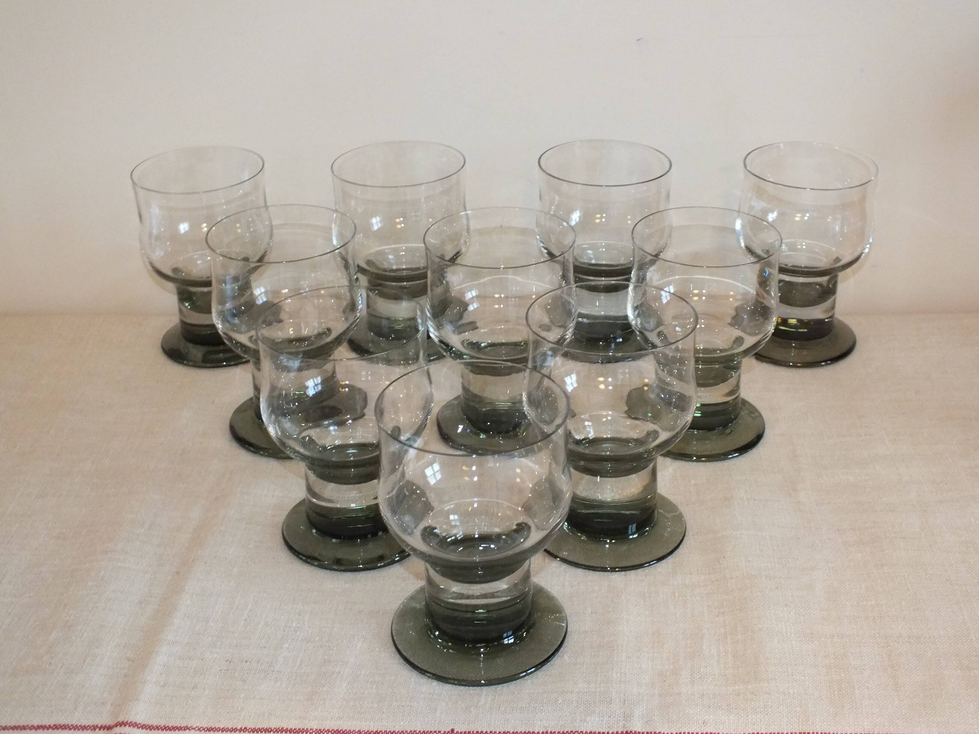 10 tarente thick crystal water glasses, steel gray foot, 1970