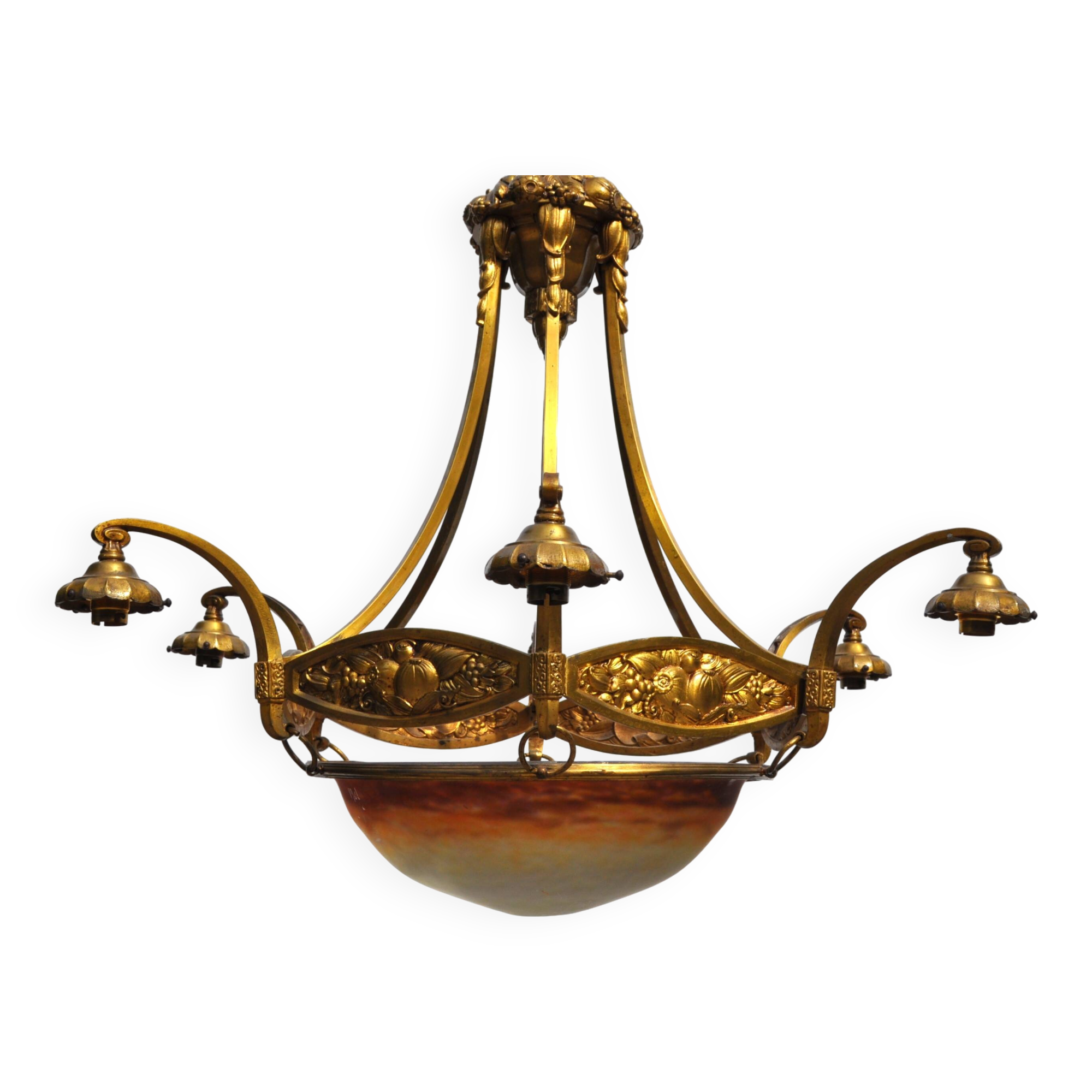 Muller frères Art Deco Chandelier - Bronze & Glass Paste - 1930s
