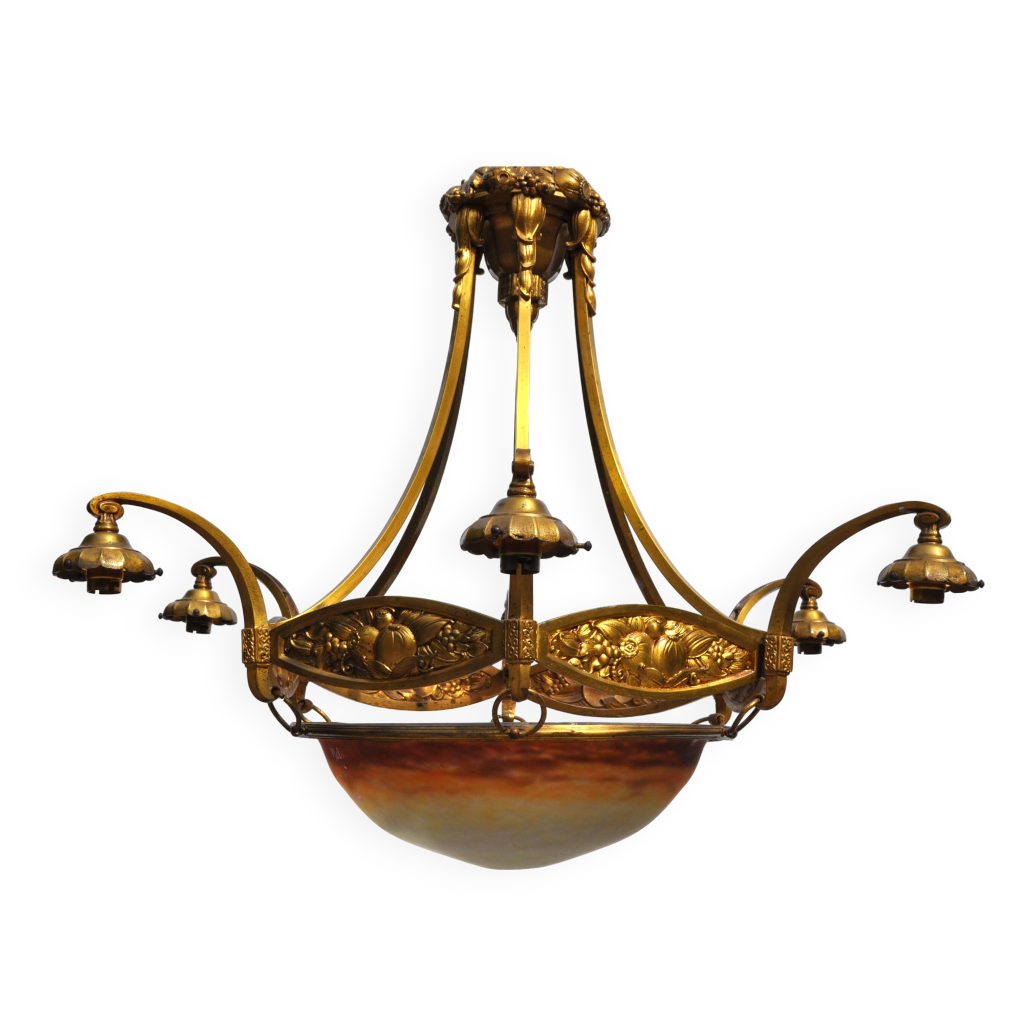 Muller frères Art Deco Chandelier - Bronze & Glass Paste - 1930s