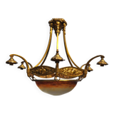 Muller frères Art Deco Chandelier - Bronze & Glass Paste - 1930s