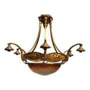 Muller frères Art Deco Chandelier - Bronze & Glass Paste - 1930s