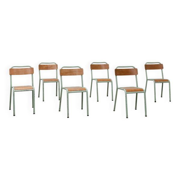 Lot de 6 chaises d’école Mobiltube turquoise 1950
