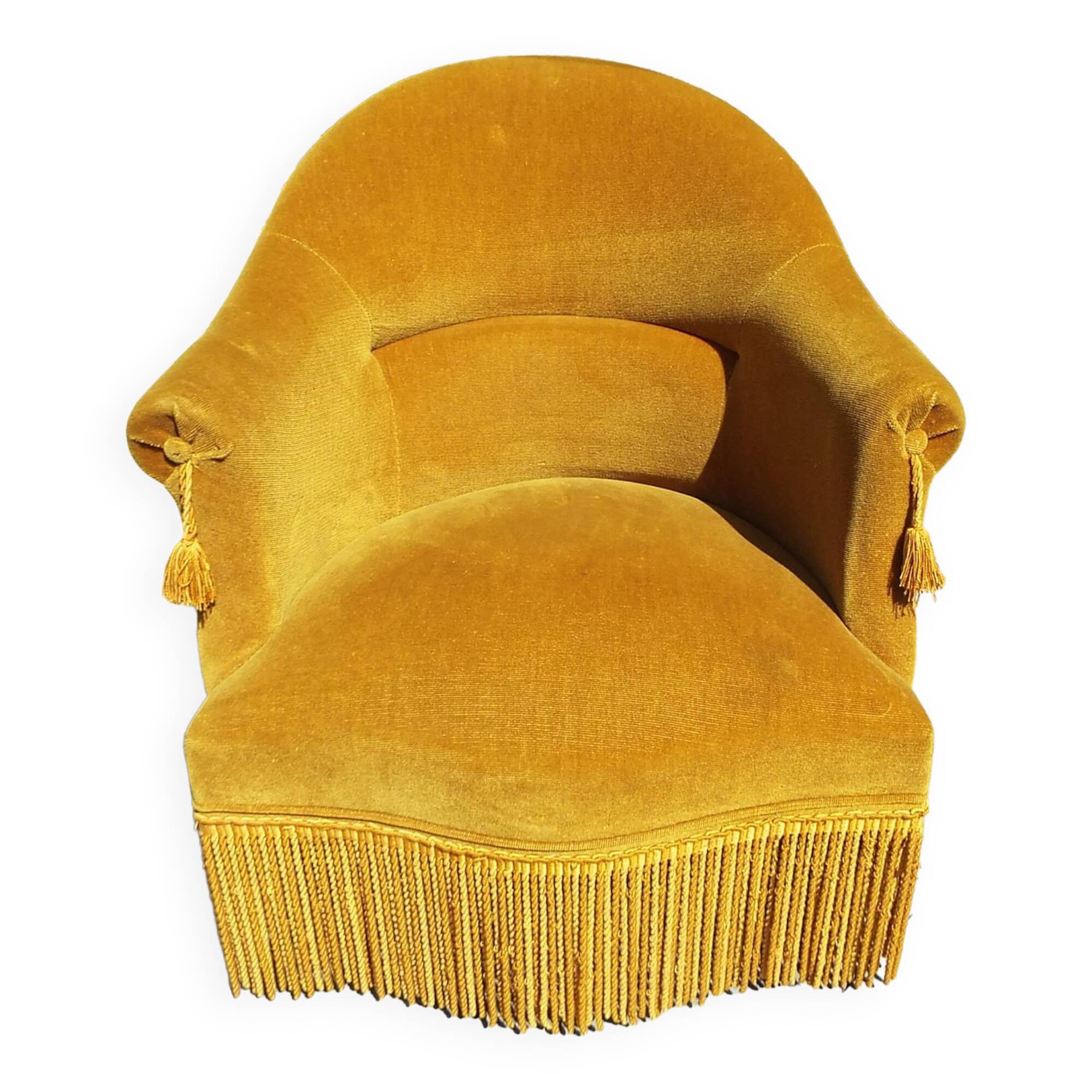Fauteuil crapaud en velours ocre
