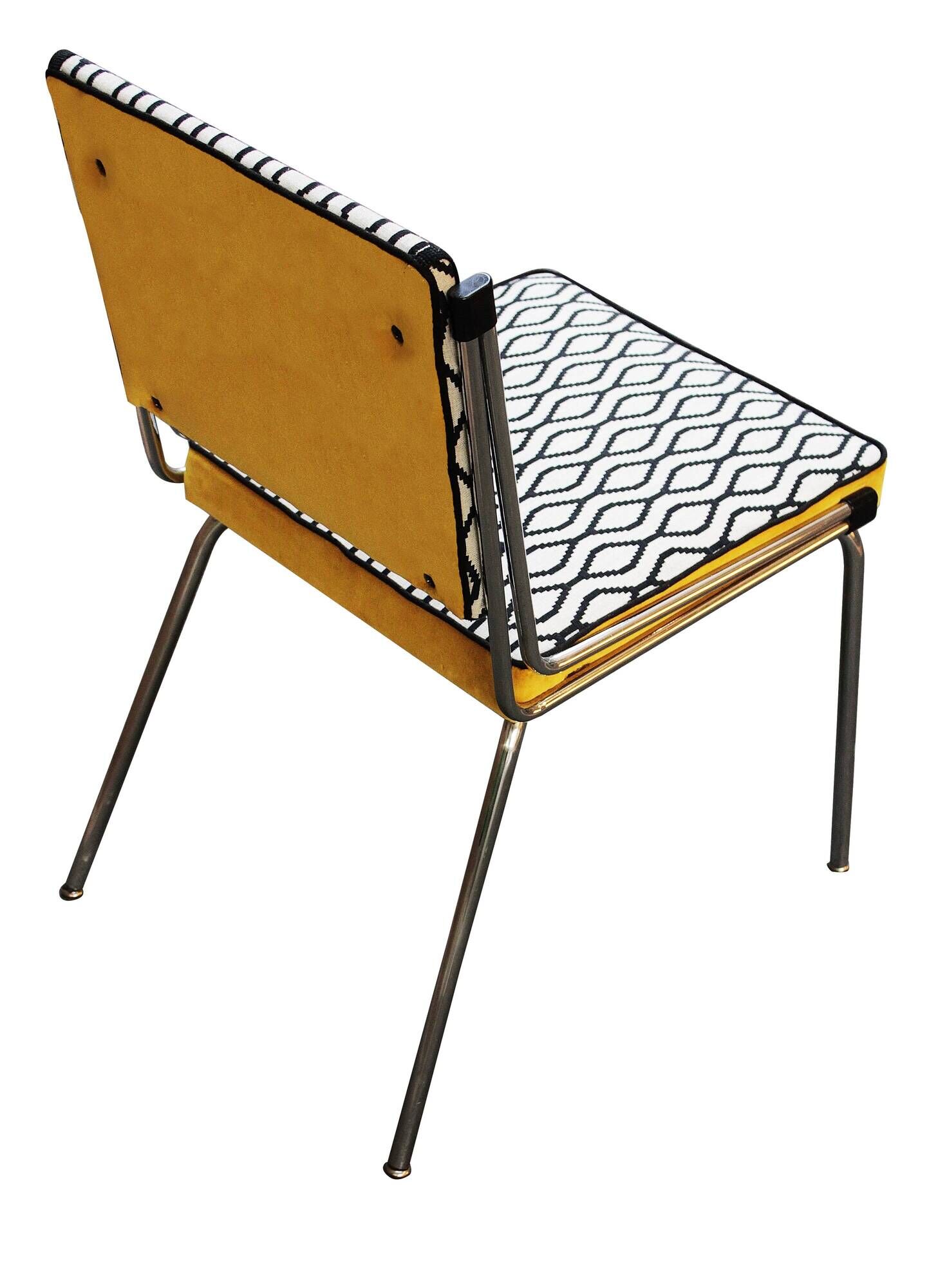 Chaise tube rétro motifs noirs et blancs velours jaune