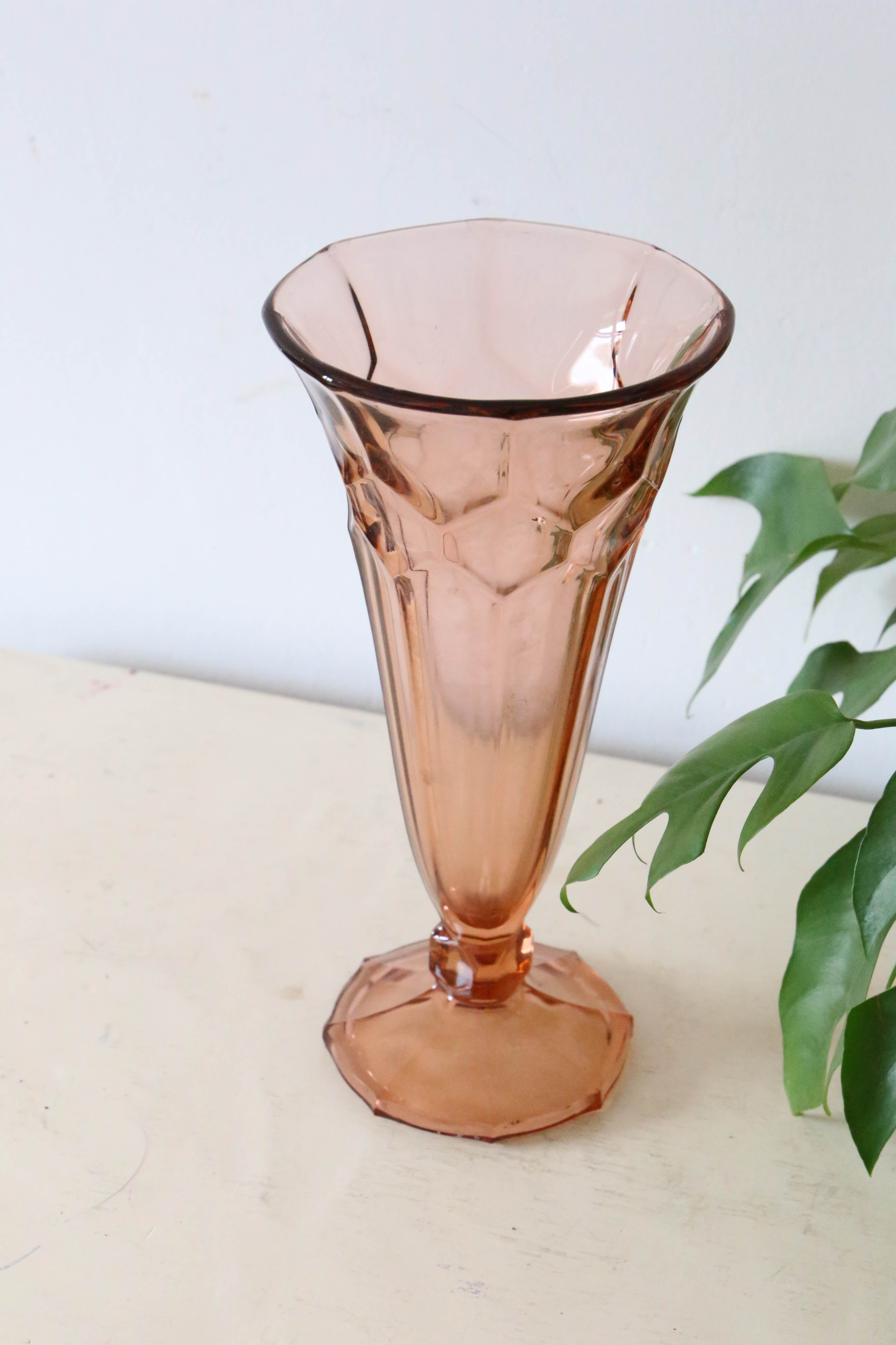 Large antique pink glass vase, molded glass, vintage French, authentic