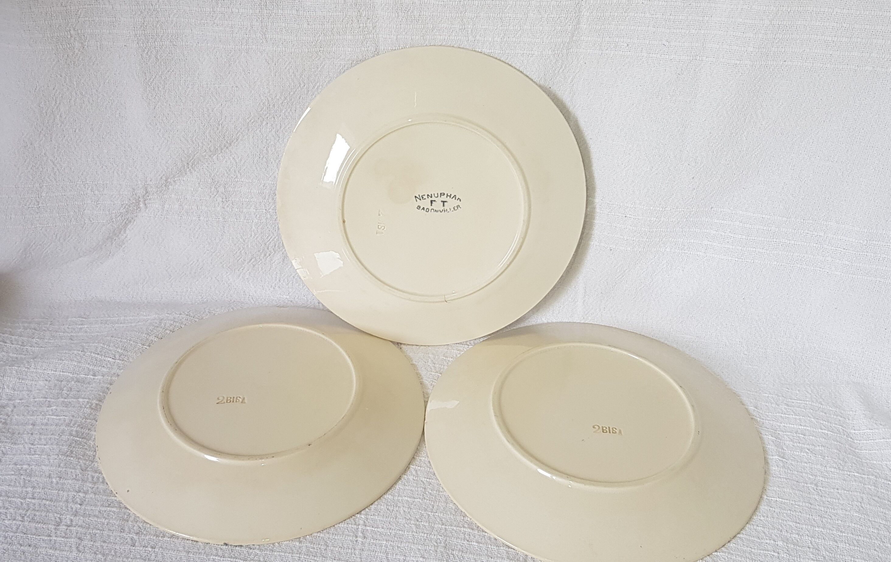 3 flat plates made of Badonviller earthenware model Nenuphar, iron earth