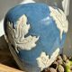 Magnificent Blue Glazed Ceramic Vase with White Plane Tree Leaves Decor