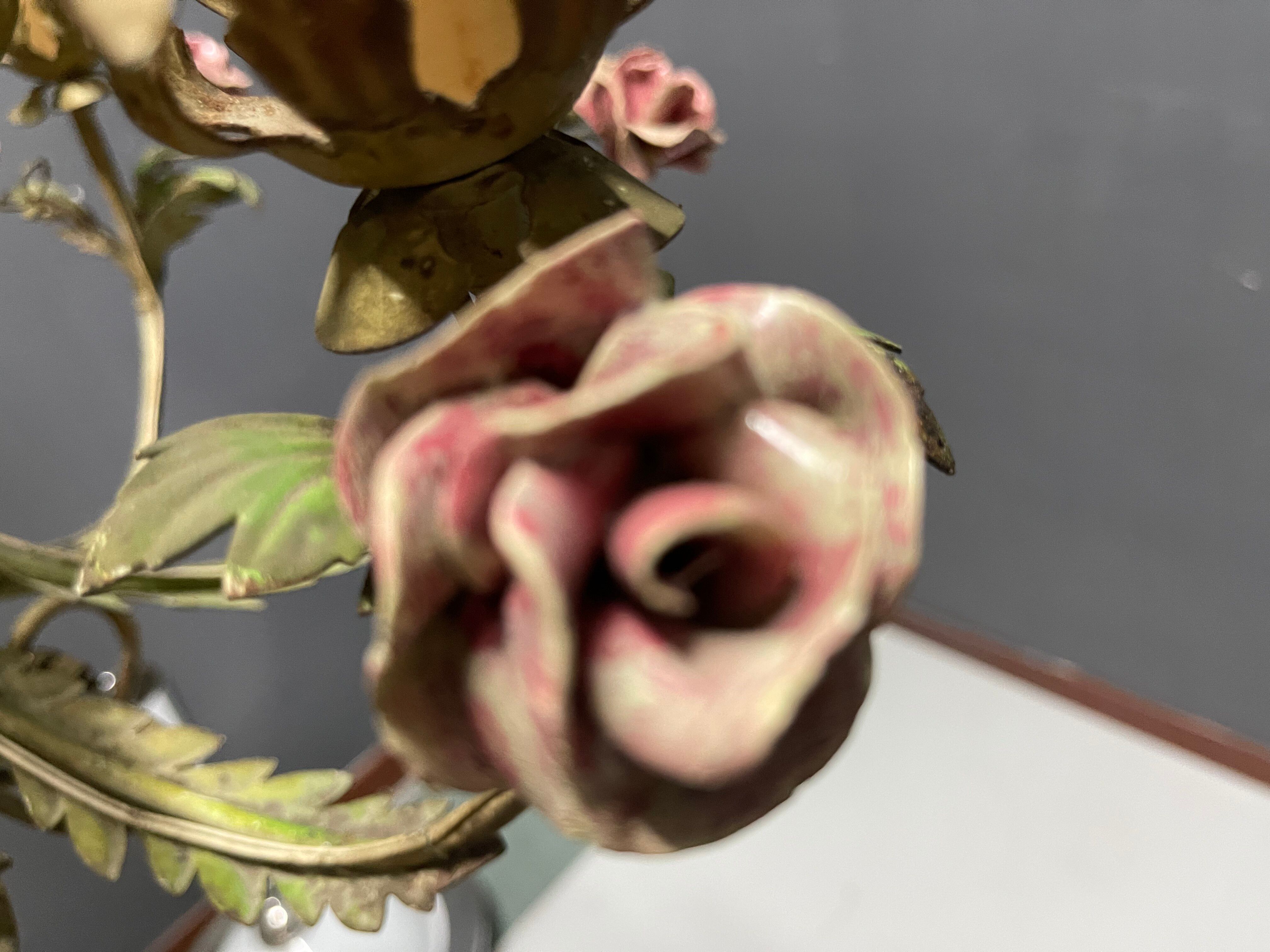 Italian Florentine Tole and Ceramic Flower Chandelier, 1950s