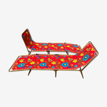 Transat chaise longue lafuma camping vintage fleur 1970
