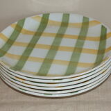 6 green and yellow checkered plates, tea towel