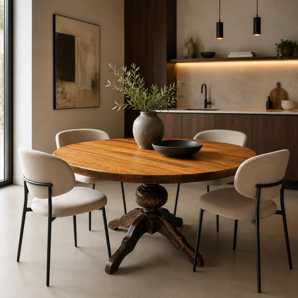 Solid oak dining table, also known as a monastery table, with a sturdy central pedestal, heavy-duty construction