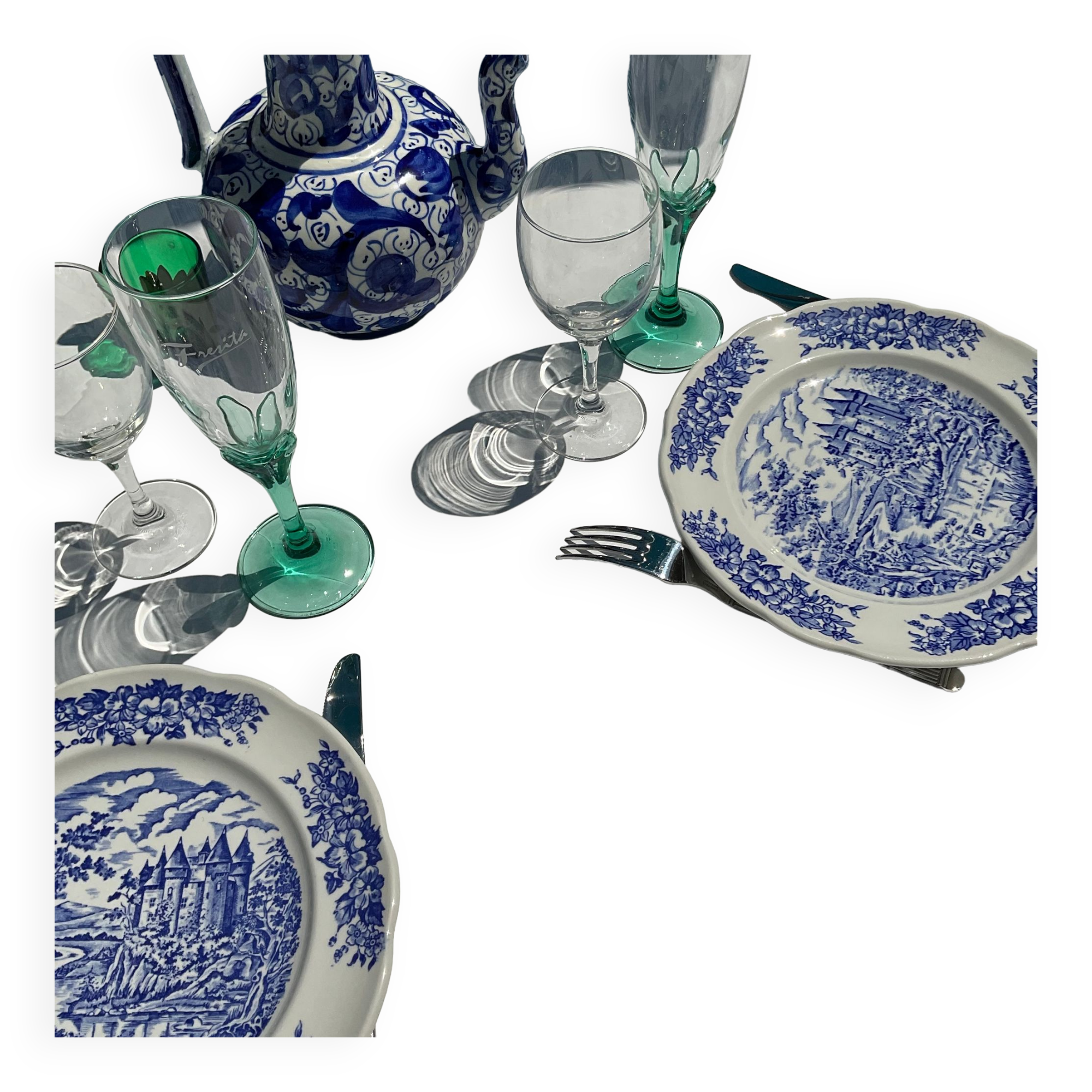 Lot de 2 assiettes plates pyroblan bleu