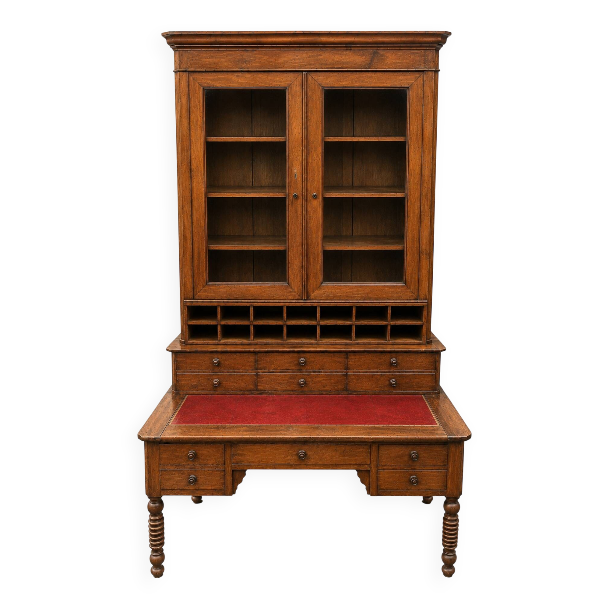 Large library desk with display cabinet and secretary with drawers, 19th century French.