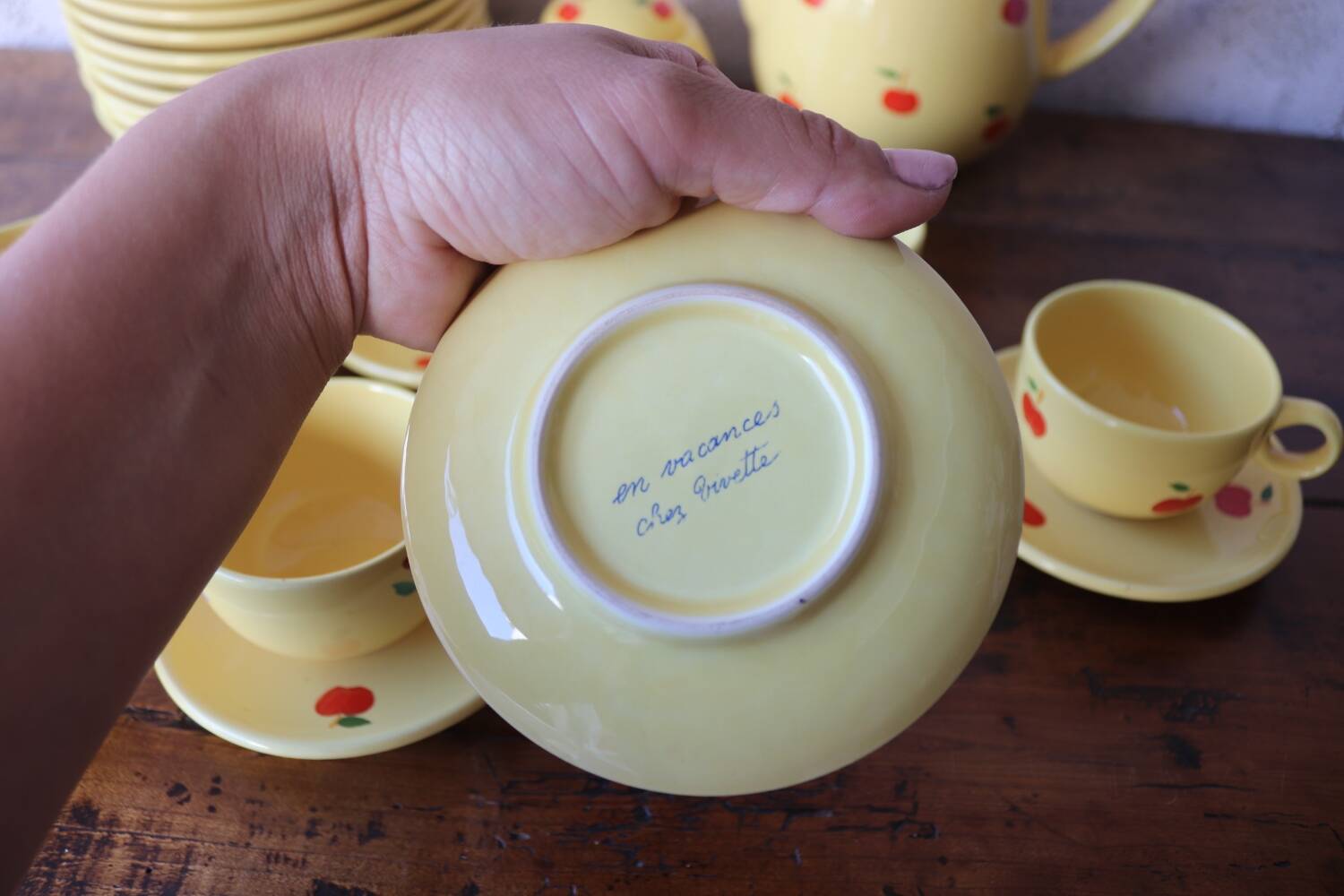 Hand-painted earthenware tea set – red apple motif