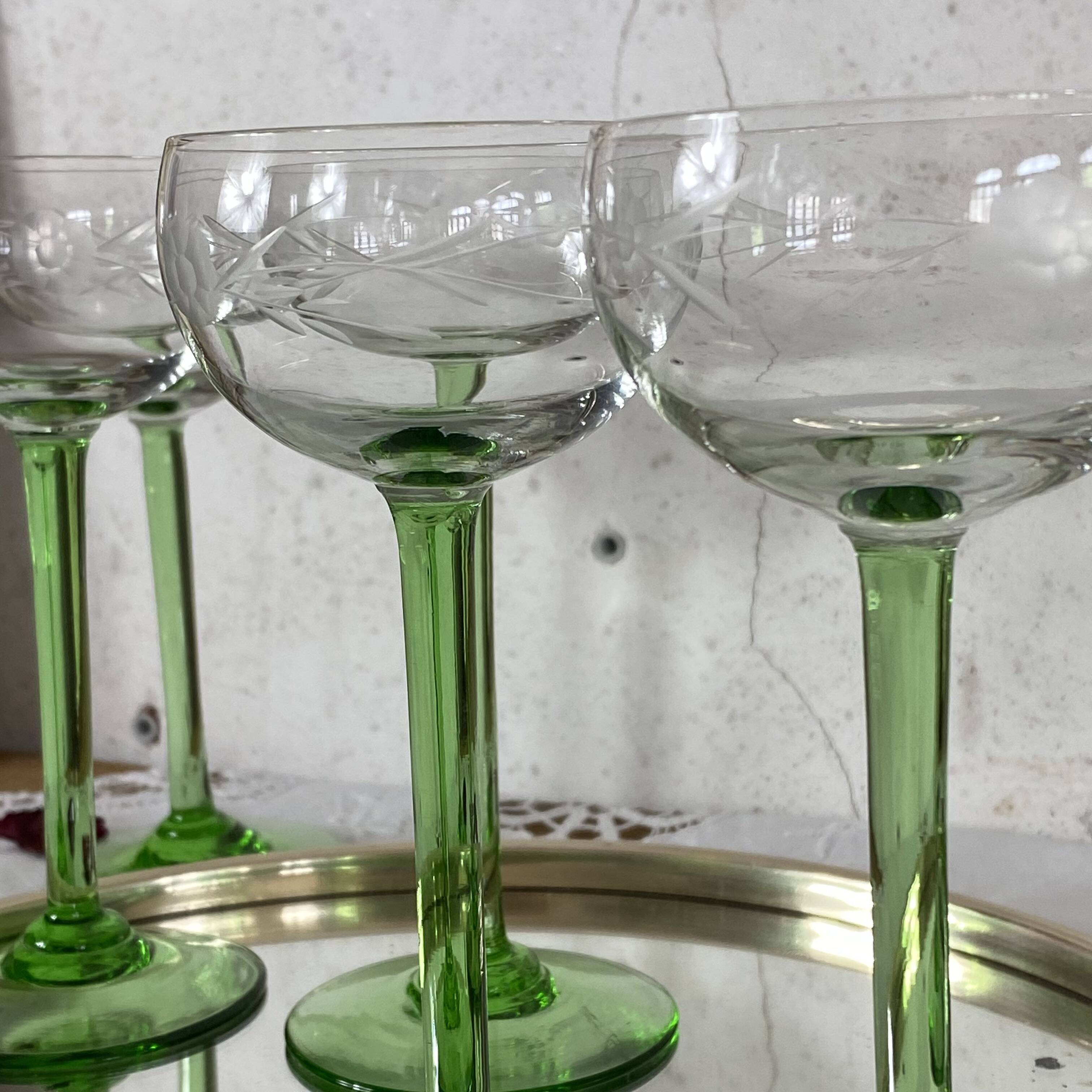 6 Alsace green footed crystal wine glasses engraved