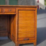 Wooden desk with curtains and sliding drawers, storage unit, vintage desk