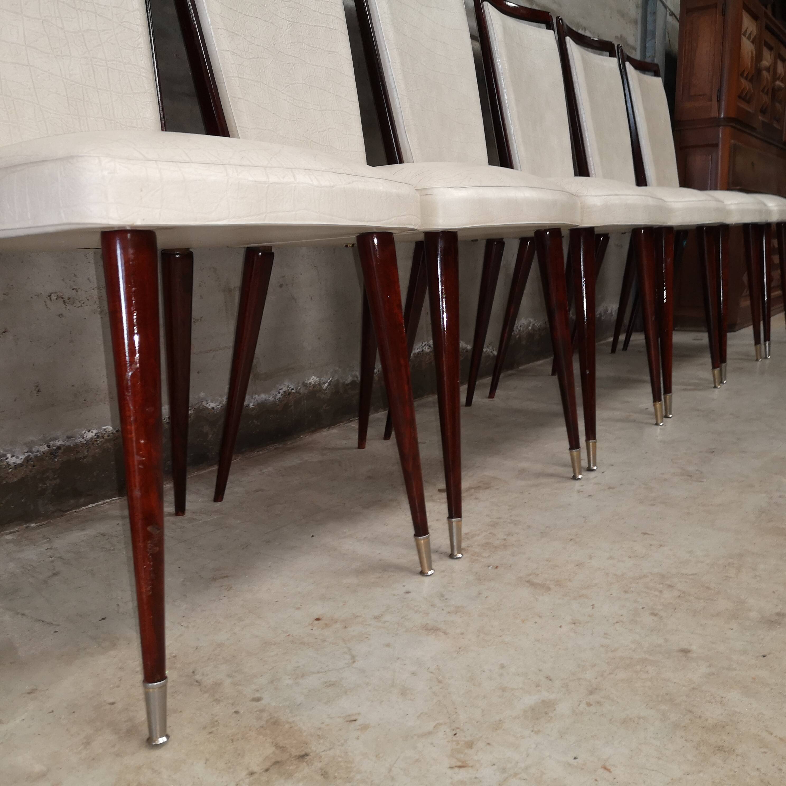 6 white leatherette and mahogany art deco style chairs, 1950