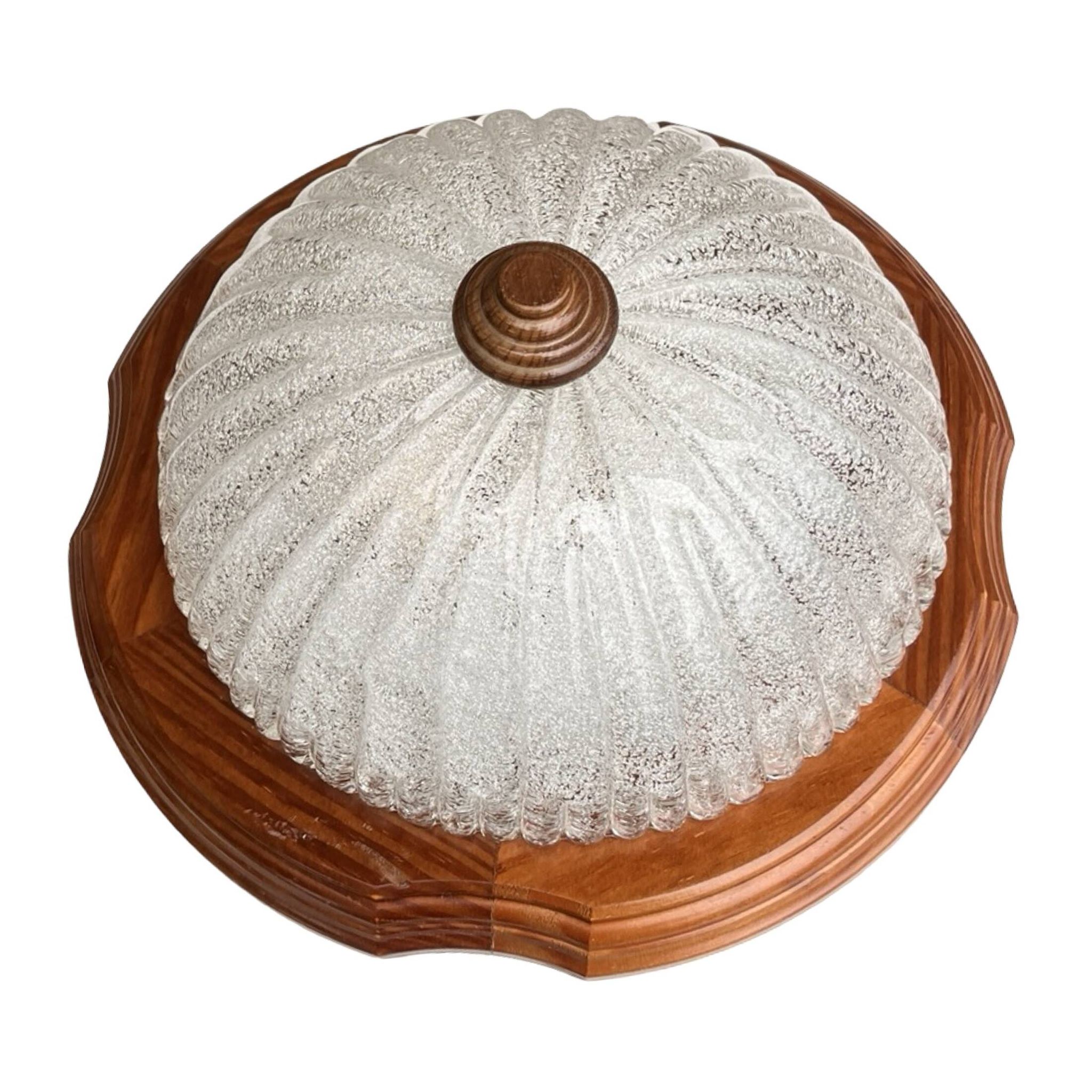 Italian ceiling lamp from the 1970s | ice glass and wood Mid Century Modern