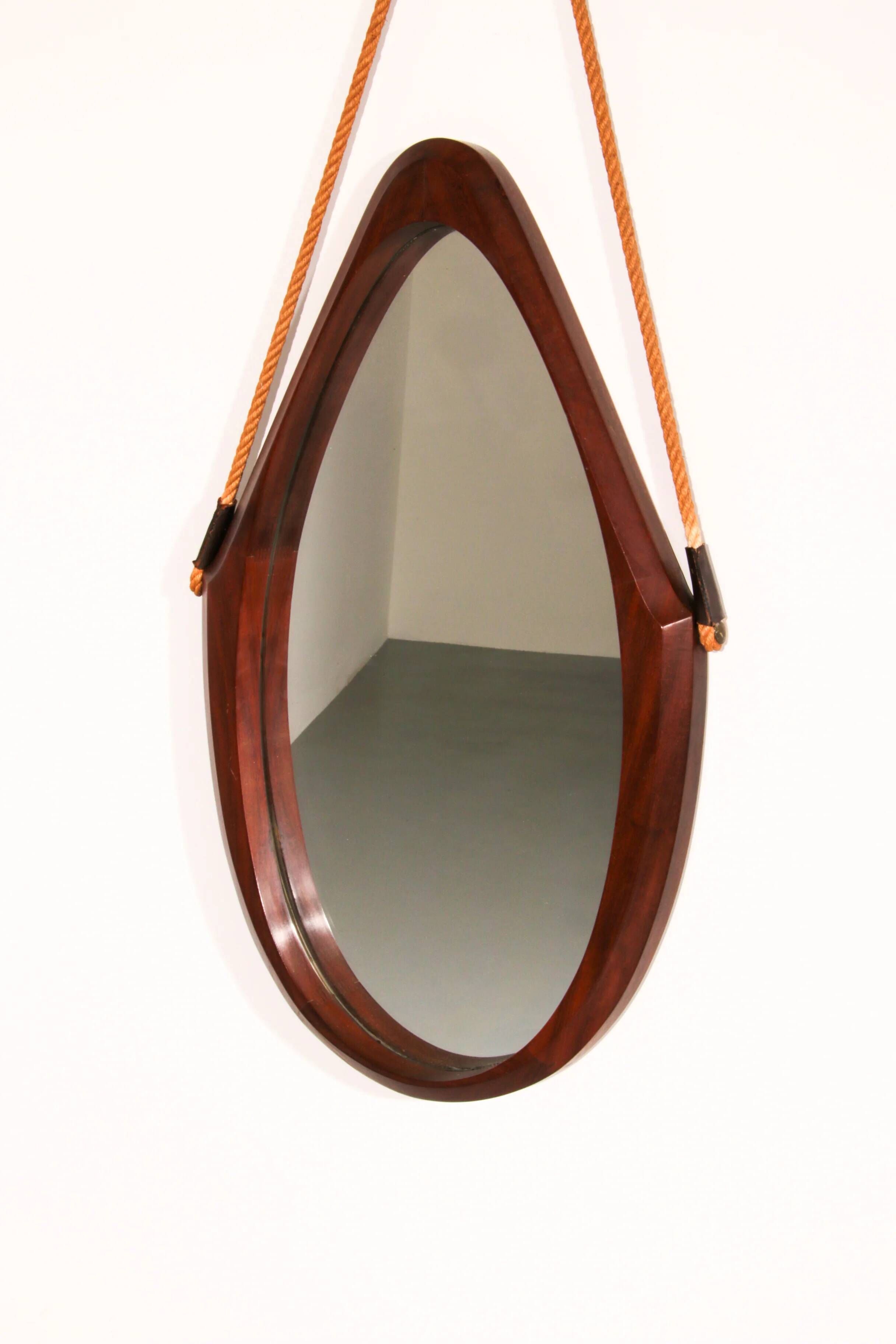 Mid-century Italian oval mirror in curved teak, rope and leather, 1960s