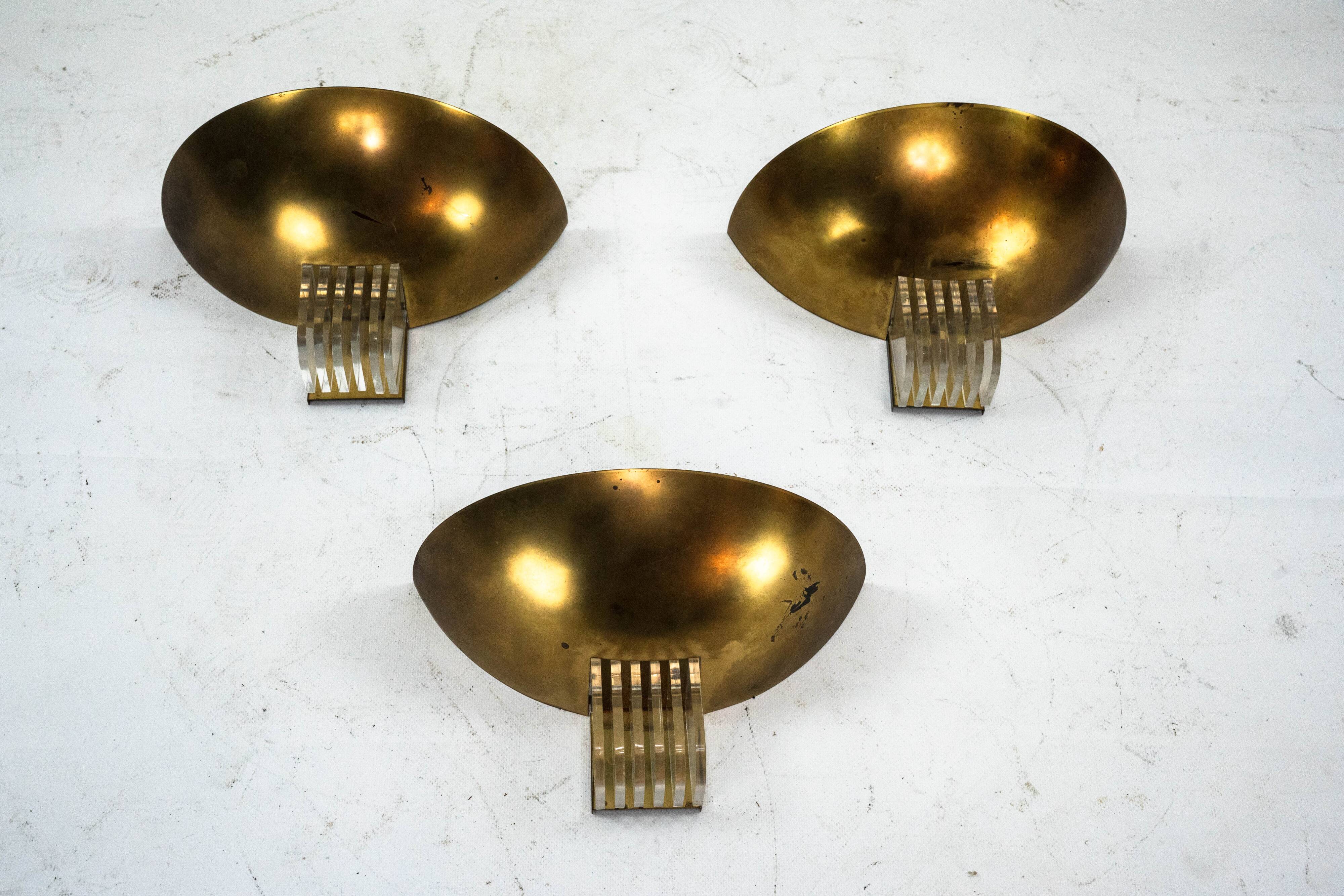 Set of three Italian Deco-style brass wall sconces, Italy 1970s
