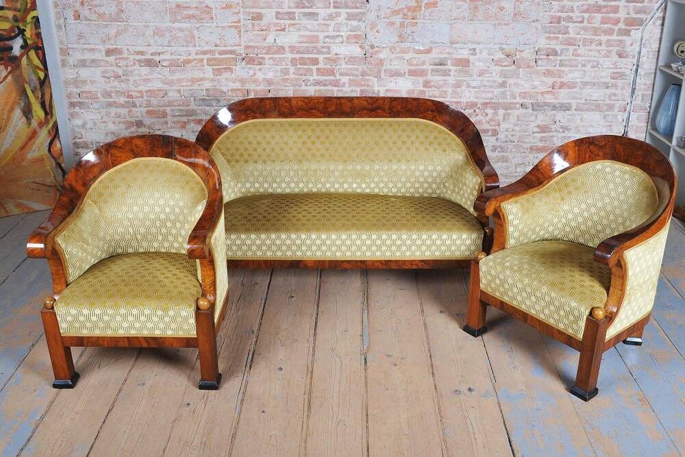 Empire Upholstered and Inlaid Walnut Living Room Set, Austria, 1810s, Set of 3