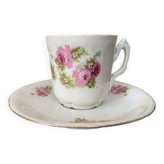 Cup and saucer stamped Vignaud Limoges decoration pinks and white flowers