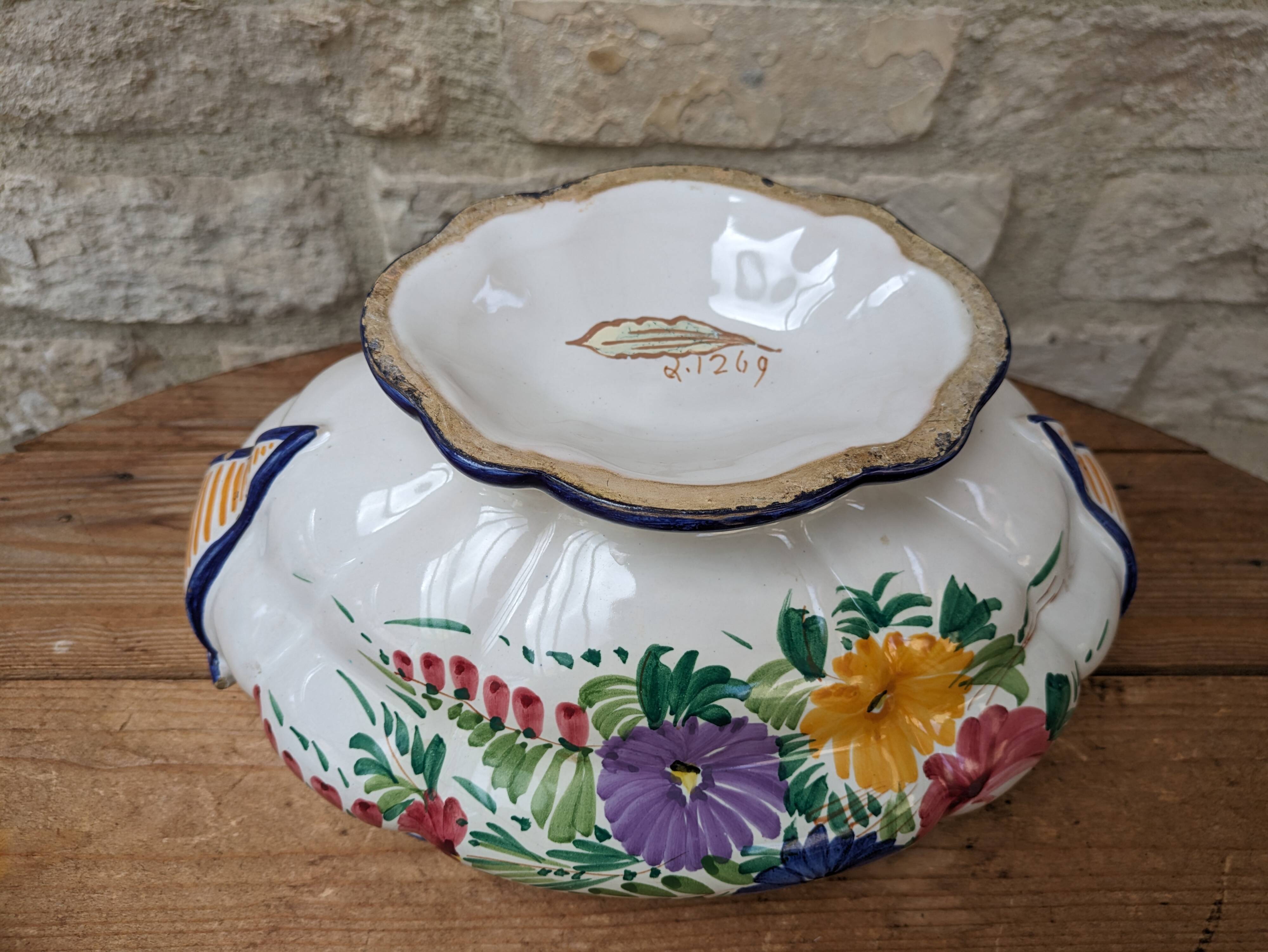 Old serving dish, vegetable dish, soup tureen without lid, flower decoration