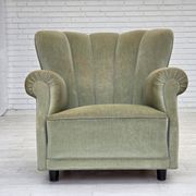 Fauteuil relax danois des années 1970, velours d'ameublement vert clair